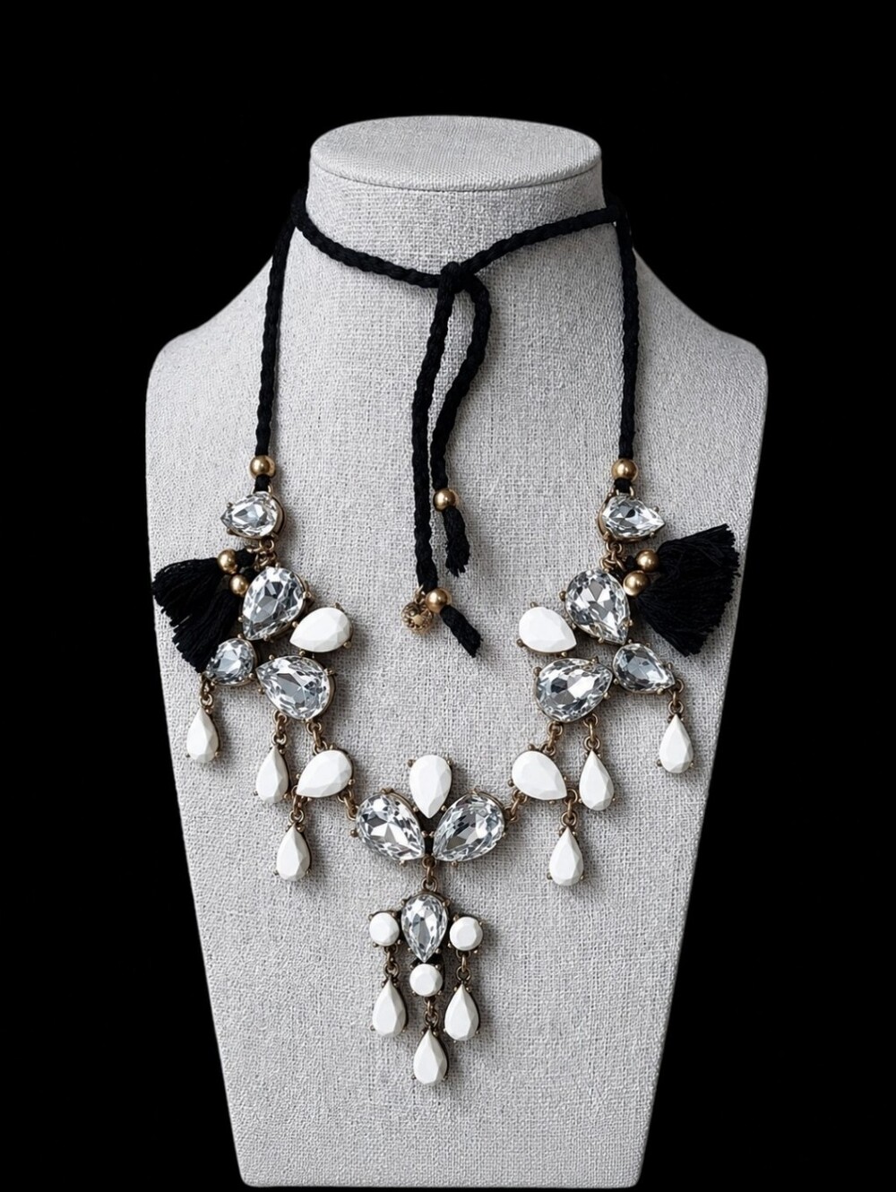J. Crew Statement Necklace Cream Teardrop Black Tassel Oxidized Brass Necklace